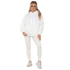 Dolce Fashion® Women’s Ruched Sleeve Winter Warm Hoodie Jumper With Silk Ribbon - Ladies 2 Pcs Plain Hooded Sweatshirt & Legging Oversized Baggy Tracksuit Set (White, S-M)