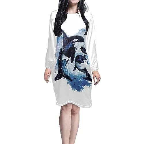 Dolphin Long Sleeve Nightgowns for Women Crew Neck Sleepwear Pajama Dress Soft Nightshirts With Pockets Sleep Tee Ladies Nightwear Loungewear Medium Size