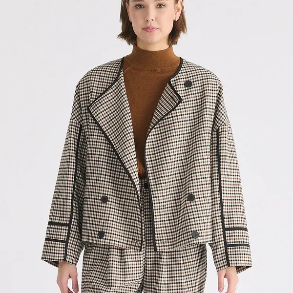 Double breasted check jacket with matching scarf