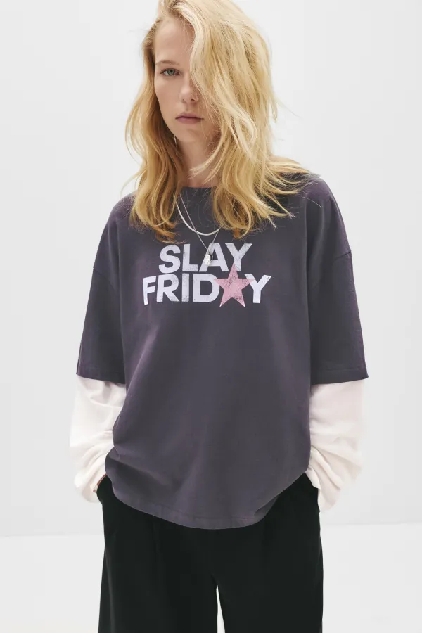 Double-Layer Sleeve Graphic T-Shirt - Anthracite grey