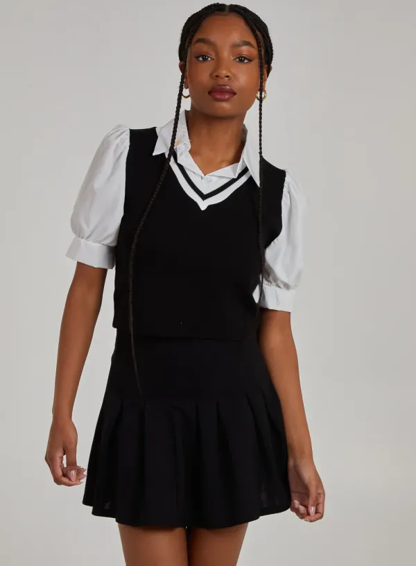 Double Layered Shirt Top - - Black