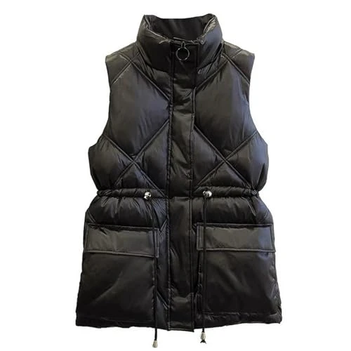 Down Cotton Vest Women Solid Color Winter Sleeveless Vest Jacket Black M