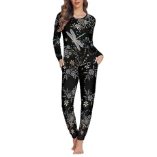 Dragonfly Pyjama Sets for Women Soft Loungewear Long Sleeve Crew Neck Pyjamas Set Flower Sleepwear Nightwear Ladies Pjs Sets With Pockets Soft Sleep Shirt 2XL