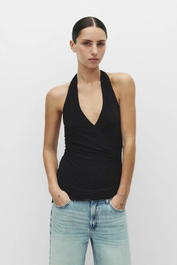 Draped Halter Top With Rhinestones - Black