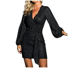 Dress for Chubby Women Neck Women Wrap Mini Dress Cocktail Glitter Up Sexy Evening Sequin V Club Tie Summer Clothing Women, black, XL