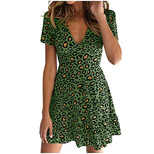 Dress Short Long Sleeve Leopard Wrap Club Dress Print Dress Party Attractive Women Mini Dress Short Dresses Cheap, Green, L
