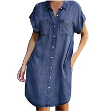 Dresses for Women 2024 Casual Loose Midi Dress Denim Dress Short Sleeve Solid Color Dress Summer Dre