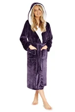 Dressing Gown for Women, Fluffy Hooded Bathrobe (Deep Purple, L)