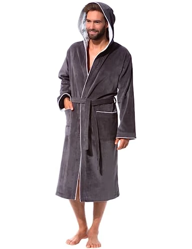 Dressing Gown Men 100% Cotton Hood Velvet Terry Bathrobe Grey/Light Grey Size XL