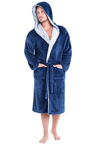 Dressing Gown Men and Teenagers - Super Soft Hooded Mens Fleece Robe - Sizes M-2XL Warm Cosy Loungewear Nightwear (Dark Blue, L)