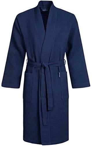 Dressing Gown Men Waffle 100% Cotton Lightweight Kimono Bathrobe Navy Blue XL