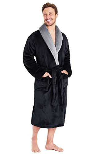 Dressing Gown Mens Fleece Hooded Dressing Gowns (L, Black/Grey)