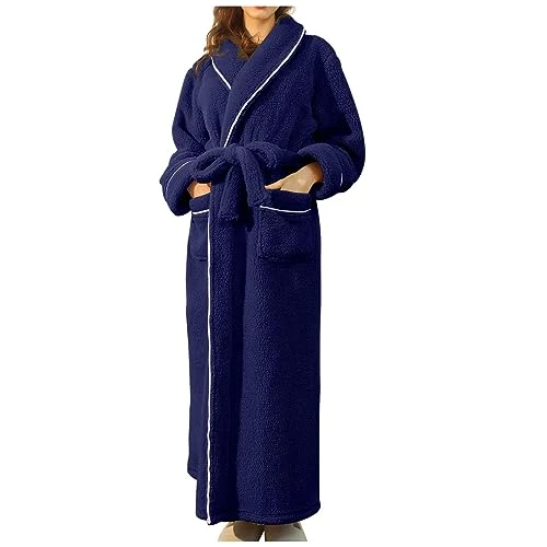 Dressing Gown Women, Soft Fleece Women's Robes Housecoat Loungewear Bathrobe Shimmer Fleece Gowns Winter Warm Cozy Shawl Collar Loungewear and Nightwear, 1 Navy