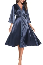 Dressing Gown Womens Kimono Satin Bathrobe Long Robe Wedding Bride/Bridesmaid Lace Nightgown Spring/Autumn Morning Gown, Blue,M