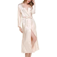 Dressing Gown Women's Long Pyjamas Silk Satin Sleeprobe Long Bathrobe Sexy Plain Nightdress with Belt Elegant Sleepwear Autumn Pyjamas for Women Dressing Gown Set Women, khaki, M