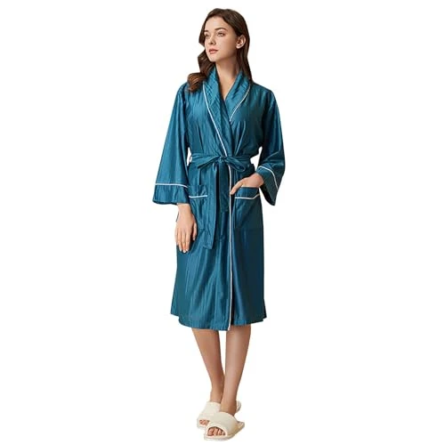 Dressing Gown Women's Silk Sexy Bathrobe Plain Autumn Elegant Casual Thin Pair Medium Length Pajamas Bathrobe Pyjama Bathrobe Ladies Set Sleep Bottoms Women With Waistband Bottom, blue, XL