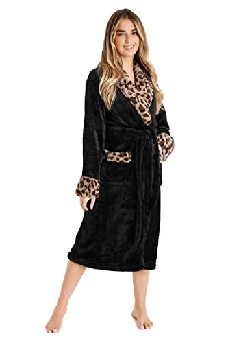 Dressing Gown Womens, Soft Fleece Fluffy Bathrobe (S, Black)