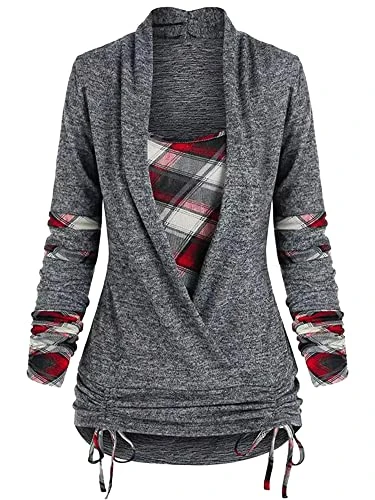 Dressy Plaid Tops for Women Long Sleeve Plaid Shirt Fall Wrap Tops with Side Ruched Drawstring Vinta