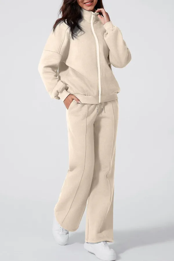 Drop Shoulder Zip Up Jacket Drawstring Joggers Co-ord Set - Beige / M