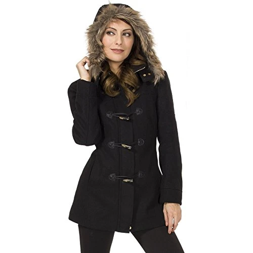 Duffy Womens Black Wool Coat Fur Trim Hooded Parka Jacket Large