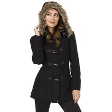 Duffy Womens Black Wool Coat Fur Trim Hooded Parka Jacket XL