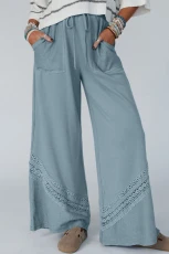 Dusk Blue Lace Crochet Patched Lace-up High Waist Wide Leg Trousers - DUSK BLUE / / %POLYESTER+%COTTON