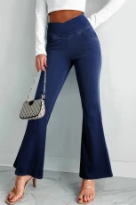 Dusk Blue Solid Crossed Waist High Elastic Fit Flare Jeans - DUSK BLUE / / %POLYESTER+%COTTON+%ELASTANE Dusk Blue Solid Crossed Waist High Elastic Fit Flare Jeans - DUSK BLUE / / %POLYESTER+%COTTON+%ELASTANE