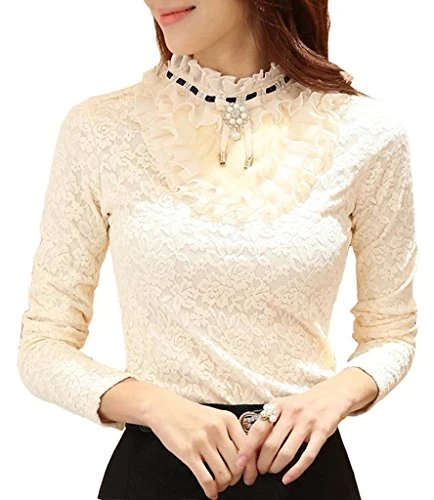 e Elegant Ladies Lace Long Sleeve Blouse Slim Fit High Collar Lining Ol Business Shirt (Beige UK 6/8