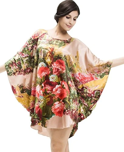 e Ladies Nightgown Sleepwear 1/2 Sleeve Satin Night Dress With Flowers Bathrobe Negligee Lingerie ( Beige )