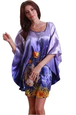 e Ladies Nightgown Sleepwear 1/2 Sleeve Satin Night Dress With Flowers Bathrobe Negligee Lingerie ( Purple )