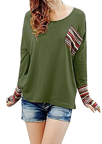 e Women Plaid Checked Long Sleeve Round Neck Loose Shirt Blouse Tops (Green)