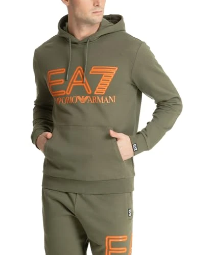 EA7 Men's Sweatshirt Logo Series in Brushed Cotton with Hood - 3DPM64, Beetle, L