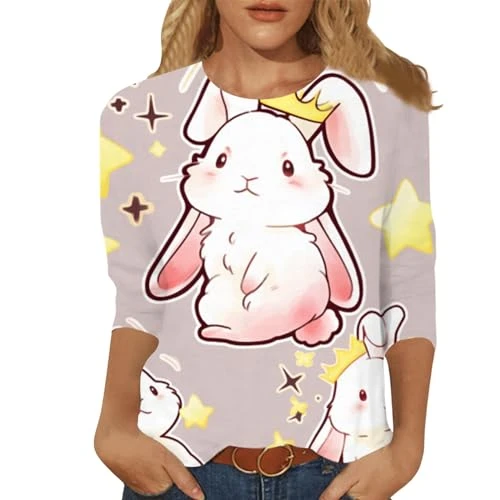 Easter Bunny Shirt Women's 3/4 Sleeve Tops 2024 Fashion Plus Size C Formal Casual Shirts Graphic T Shirts Round Neck Tops White Shirts Women, darkblue, XL
