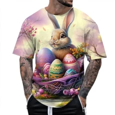 Easter Bunny T-Shirt Male Spring Autumn Easter Theme All Print Short Sleeve Crew Neck T-Shirt Floral Fashion Trend Bottom Shirt Functional Underwear Men Short, sky blue, L
