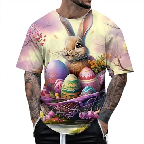 Easter Bunny T-Shirt Male Spring Autumn Easter Theme All Print Short Sleeve Crew Neck T-Shirt Floral Fashion Trend Bottom Shirt Functional Underwear Men Short, sky blue, L