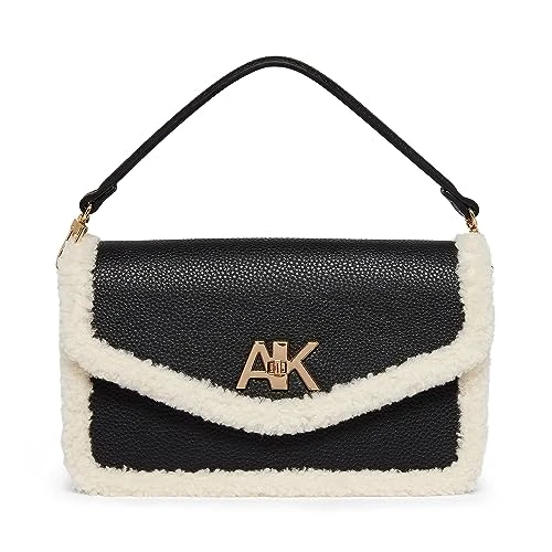 East/West Convertible Flap Shoulder Bag with Turnlock, Black/Cream, One Size