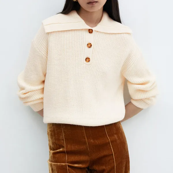 Ecru Buttoned Collar Knit Jumper - Cream