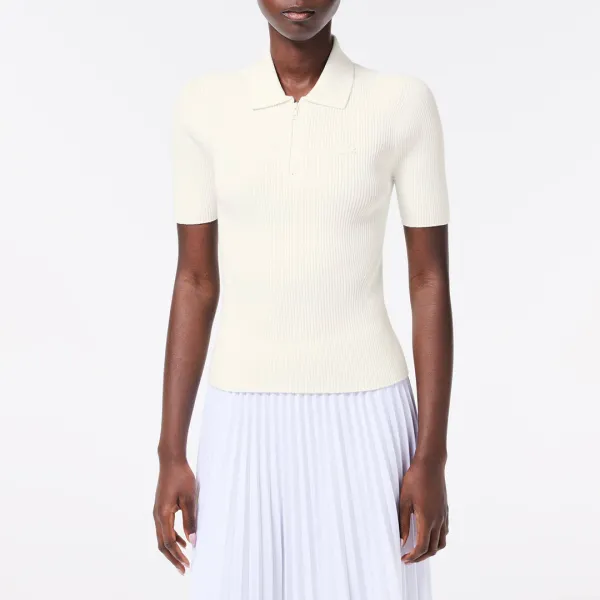 Ecru Half Zip Ribbed Polo Shirt - Cream