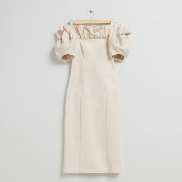 Ecru Ruffle Neckline Puff Midi Dress - Beige