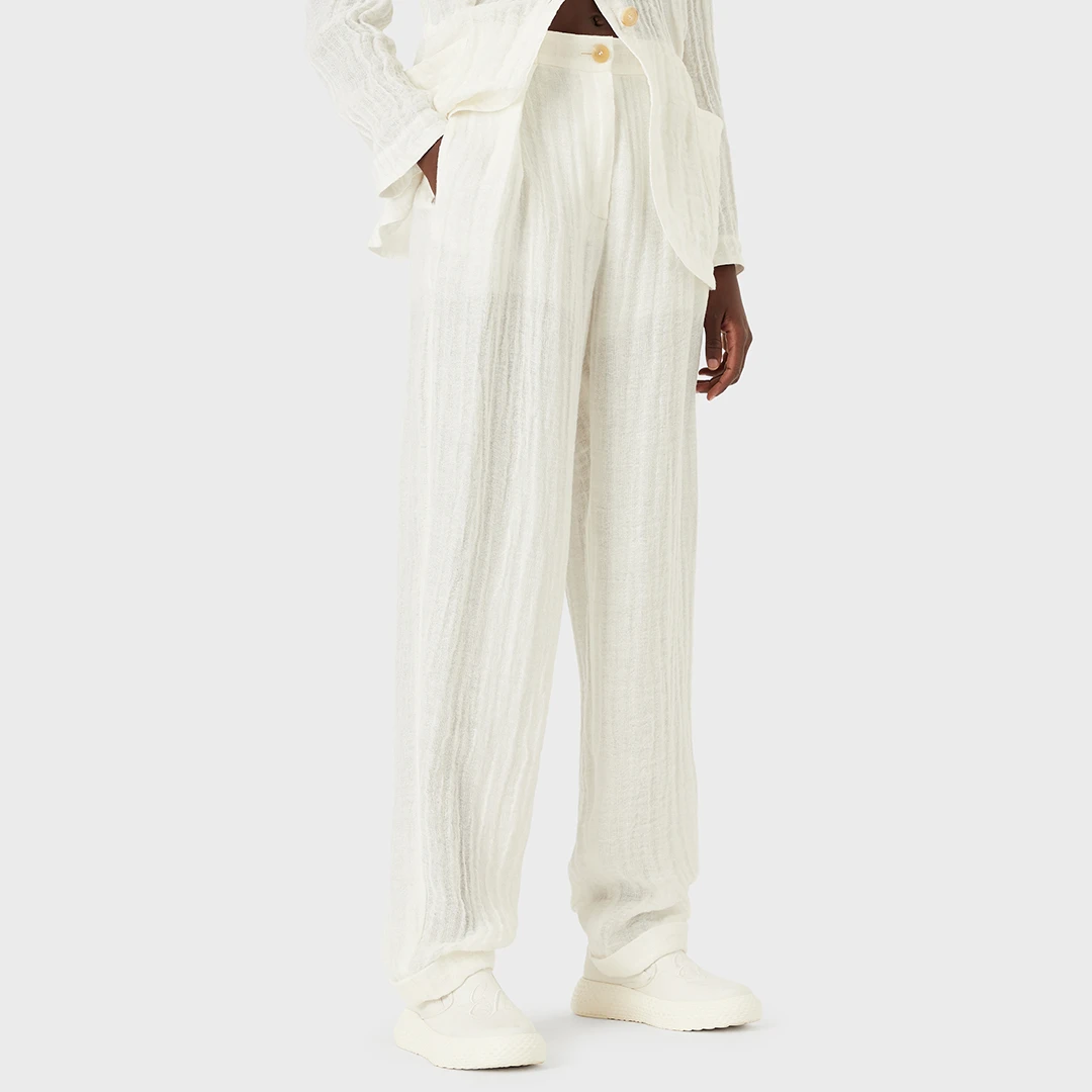 Ecru Wide Leg Cotton Blend Trousers - White