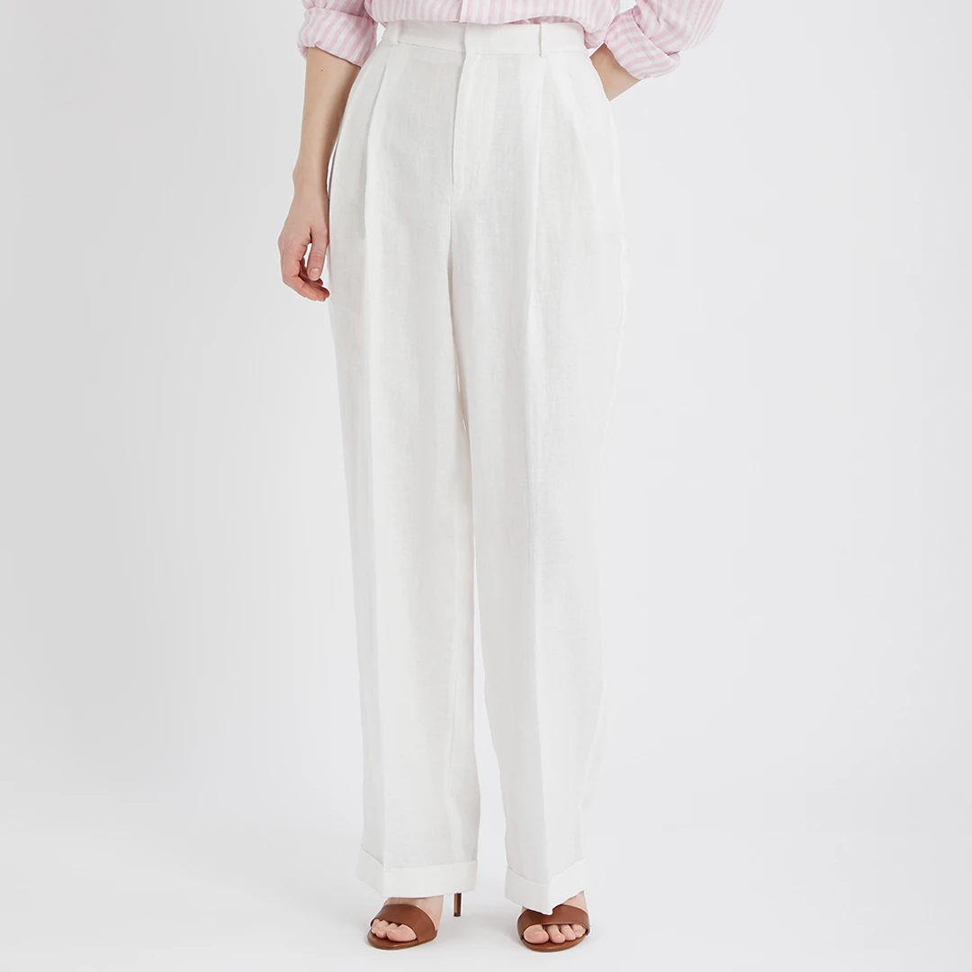 Ecru Wide Leg Linen Trousers ulti