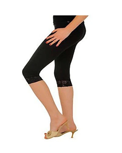 Elegance Ladies Crop with Lace Details 3/4 Cotton Quality Leggings (Ref:2191-laced) (X-Large UK 16, Black)