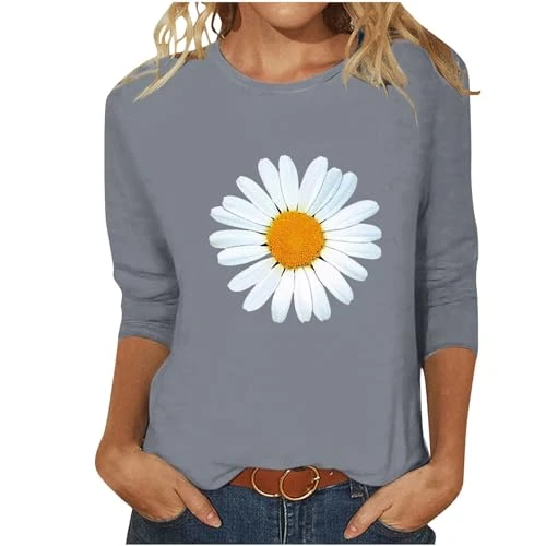 Elegant Blouse Women's Slim Fit T-Shirt 3/4 Sleeve Long Shirt Summer Casual Tops Cotton Lightweight Tunic Tops Fashion Round Neck Wrap Blouse Dandelion Pattern Summer Shirts Women Sports Shirt,