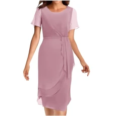 Elegant Dresses for Women UK Clearance Summer Wrap Dress Short Sleeve Dress Chiffon Ruffle Dress High Waist Midi Dres Bodycon Long Dress Ladies Slim Fit Work Dress Formal Wedding Guest Dress