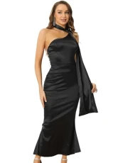 Elegant Satin Dress for Women's Sexy One Shoulder Backless Bridesmaid Cocktail Party Maxi Dress Black L