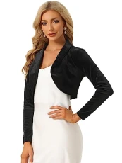 Elegant Velvet Shrug for Women's Open Front Long Sleeve Bolero Crop Cardigan Black S
