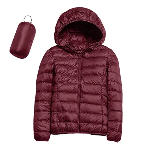 Elegant Women's Winter Down Jacket Quilted Hooded Windproof Jackets Plus Size Lightweight Jacket with Zip Down Slim Down Jackets Women's Clothing Mid-Season Padded Jackets, Wine, XXL