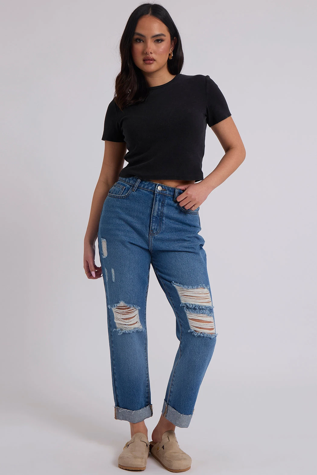 Elliott Mid Blue Ripped Mom Jeans /