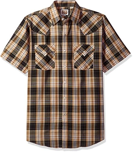 Ely & Walker Men's Short Sleeve Plaid Western Shirt-Tall Button, Black, XL