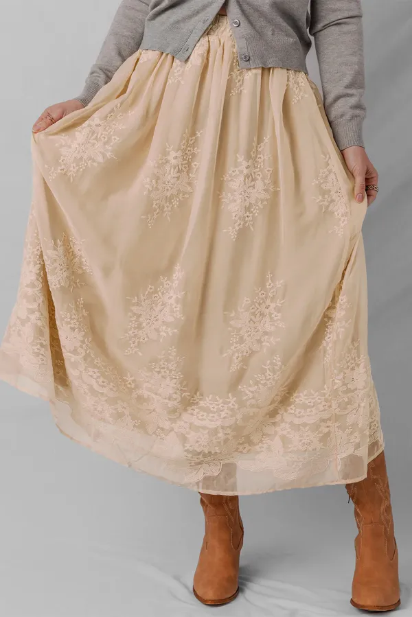 Embroidered Mesh Overlay Flowy Maxi Skirt - Beige / L